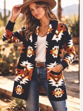 Lucky Brand Womens Brown Southwestern Geometric Shawl Collar Cardigan Sweater XL